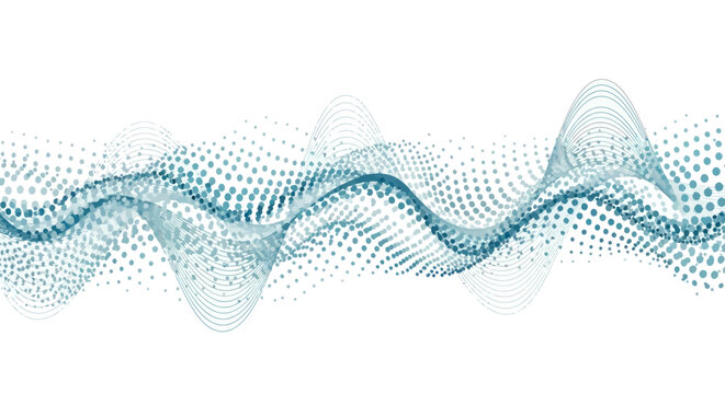 Abstract flowing wave of blue and green dots forming a dynamic pattern.