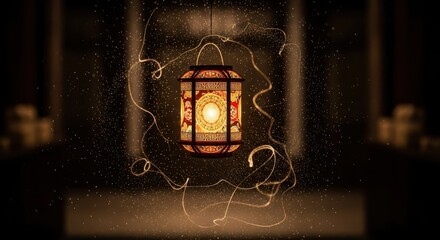 Illuminated ornamental hanging light fixture glows softly amidst swirling light trails and particles