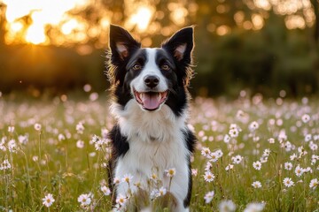 Happy black and white dog sitting in a sunlit field of white daisies during golden hour
