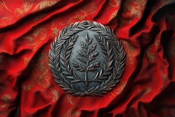 Silver laurel wreath and leaf branch medallion resting on richly patterned red and gold draped fabric, evoking regal pride and solemn ceremony
