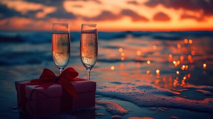 Two champagne flutes and a red ribbon gift box resting on wet sand by gentle waves at sunset, warm glowing bokeh and reflections creating a romantic celebratory mood
