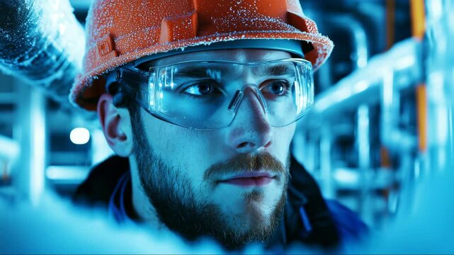 Young industrial worker in safety gear focuses on his tasks in a blue-lit factory setting
