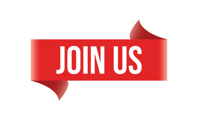 Red Ribbon Banner with Join Us Text on White Background, Invitation Element