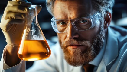 Scientist in lab coat and gloves holding an Erlenmeyer flask of amber liquid, focused and concentrated during a laboratory experiment