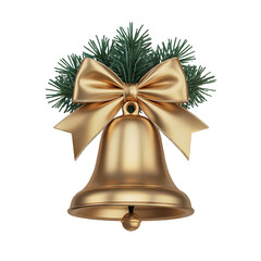 Golden Christmas Bell with Pine Sprigs and Bow on Transparent Background Keywords: Christmas, bell, golden, gold, bow, ribbon isolated on a transparent background
