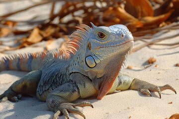 Fototapeta premium Sunlit green iguana resting on sandy beach among dried seaweed, close-up showing textured scales, spines, dewlap and claws with calm, alert expression