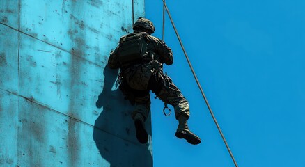 soldier in camouflage and helmet rappelling down a weathered blue wall with rope and harness against a vivid blue sky, focused and determined