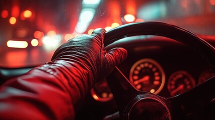 Gloved hand gripping steering wheel inside car at night with illuminated dashboard gauges and blurred red city lights, creating a tense moody cinematic atmosphere