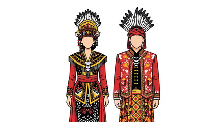 Illustrated couple wearing traditional Dayak clothing from Borneo with elaborate feathered headdresses.