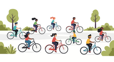 Diverse group of children joyfully cycling on bicycles in a park setting.