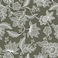 Elegant floral pattern with intricate white botanical designs on a khaki background creates a sophisticated and timeless vintage textile print design