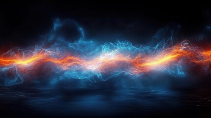 glowing blue and orange energy ribbon stretching across a dark reflective surface with electric sparks and particles, intense dynamic futuristic motion and power