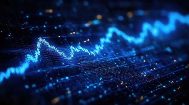 glowing blue digital line graph over a dark grid with scattered light particles and a jagged rising and falling waveform conveying dynamic futuristic data momentum and high-tech energy - Powered by Adobe