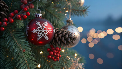 Close up of festive christmas tree ornament with bokeh background