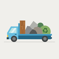 Fototapeta premium A blue truck carries various materials including wood, rocks, and a recycling bag, illustrating waste management and environmental responsibility.
