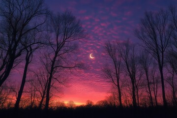 Fototapeta premium Silhouetted bare trees against a vibrant purple and orange sunset sky with a glowing crescent moon and scattered clouds