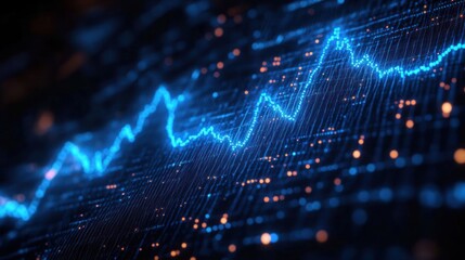 glowing blue digital line graph across a neon grid with orange data points and bokeh conveying dynamic futuristic analytics