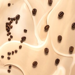 Overhead shot of coffee beans floating on a creamy, light-brown liquid