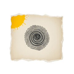 Abstract black fingerprint swirl on textured paper with yellow accent isolated on transparent background