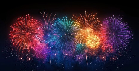 vibrant multicolored fireworks bursting across a dark night sky, sparkling and smoky in a joyful festive display of awe and celebration