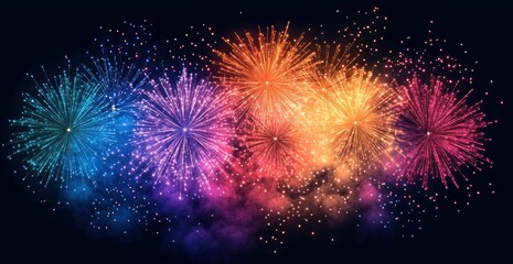 vibrant multicolored fireworks bursting across a dark night sky with sparkling particles and colorful smoke, festive joyful celebration