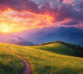 winding dirt path through a flower-speckled grassy meadow leading to rolling hills and snowcapped mountains under a dramatic golden-pink sunset, evoking serene awe