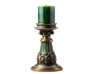 Ornate antique brass candlestick holding a lit green pillar candle isolated on transparent background