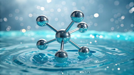 Abstract metallic molecule structure splashing in clear blue water