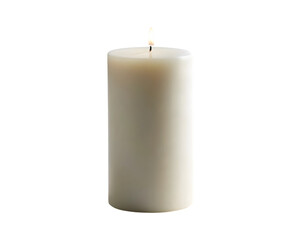 A tall thick white pillar candle with a lit flame isolated on transparent background