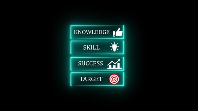 glowing neon Knowledge skill success target infographic design, business strategy growth concept with arrow steps and icons for achievement.4k video animated.