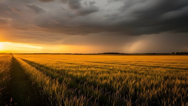 Sunset Storm Over a Countryside Field