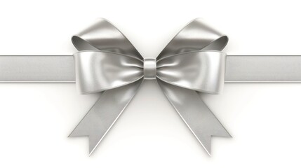 Fototapeta premium Elegant Silver Bow with Satin Ribbon on White Background for Gift Packaging