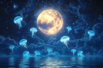 Surreal moonlit seascape with glowing blue jellyfish floating above calm ocean under a luminous full moon and starry sky, evoking serene magical wonder
