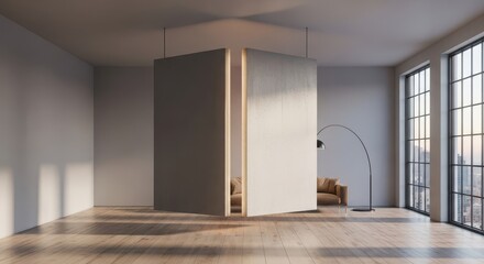 Obraz premium Modern interior space features a pivoting room divider with a view of a city skyline through tall windows