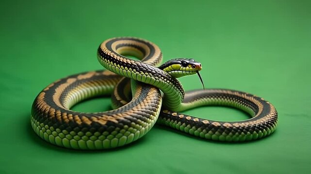 Serpentine Serpent Coiled Elegantly on Verdant Backdrop with Subtle Yellow and Black Markings Flicking Its Tongue in Awareness