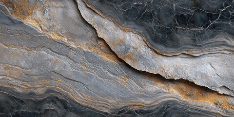 Close-up view of textured natural rock surface showing layered formations with grey, black, and rusty orange tones creating an abstract pattern