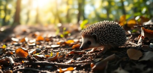 Fototapeta premium A tiny hedgehog ambles through a sun-dappled forest floor, leaves and twigs scattered around, branch, autumn