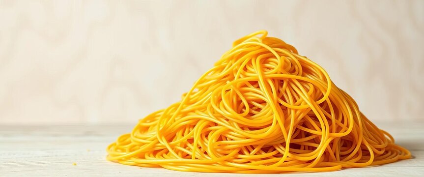 A tangled mass of cooked spaghetti against a neutral backdrop,  yummy,  yellow