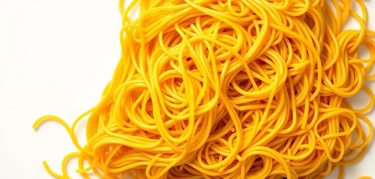 A tangled mass of cooked spaghetti, golden yellow against a white background,  banner,  kitchen - Powered by Adobe