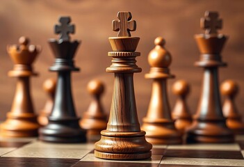 Fototapeta premium Carved wooden chess king piece, intricate detail, rich grain, handcrafted, carved