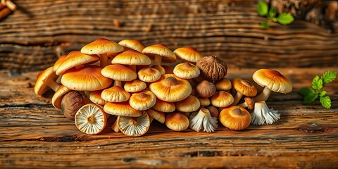 Fototapeta premium Cluster of various mushrooms on rustic wooden surface, natural light, morel, shadows