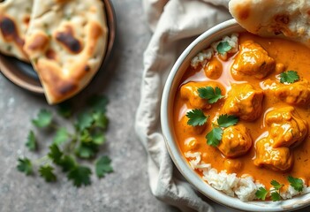 Creamy, orange butter chicken curry in a bowl with naan bread,  dinner,   mild