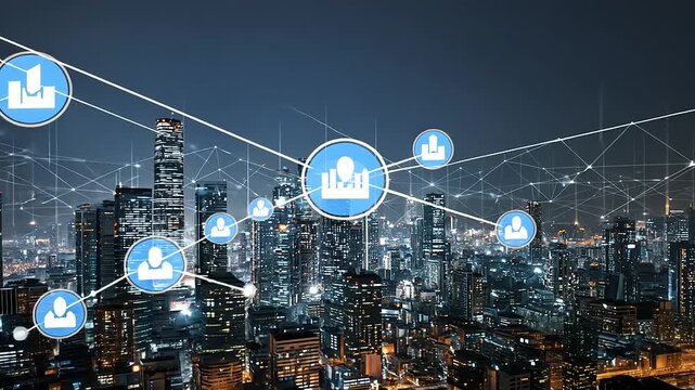 Night cityscape showcasing a digital network with data connections and analytics visualizations - Powered by Adobe