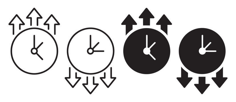 Time management concept with clock icons and arrows illustrating speed up and slow down, representing efficiency, productivity, and delay.