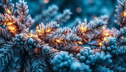 Frosted pine branches adorned with twinkling fairy lights, nestled amongst snowy pinecones, january, glitter