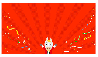 はっぴを着た白馬のサンバースト背景