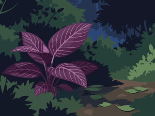 Fototapeta premium Illustration of a vibrant purple plant and a pathway in a lush, dark forest environment, art