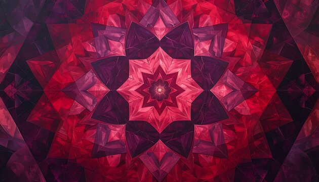 Symmetrical floral design with a star-like core. Ruby-red and magenta faceted shapes create a hypnotic, geometric composition