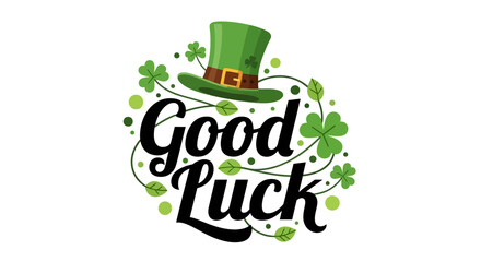 St. Patrick's Day Good Luck vector illustration with hat, clovers and leaves on white © Dika