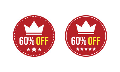 Round Red Badges Featuring Sixty Percent Off with White Crown and Stars Element